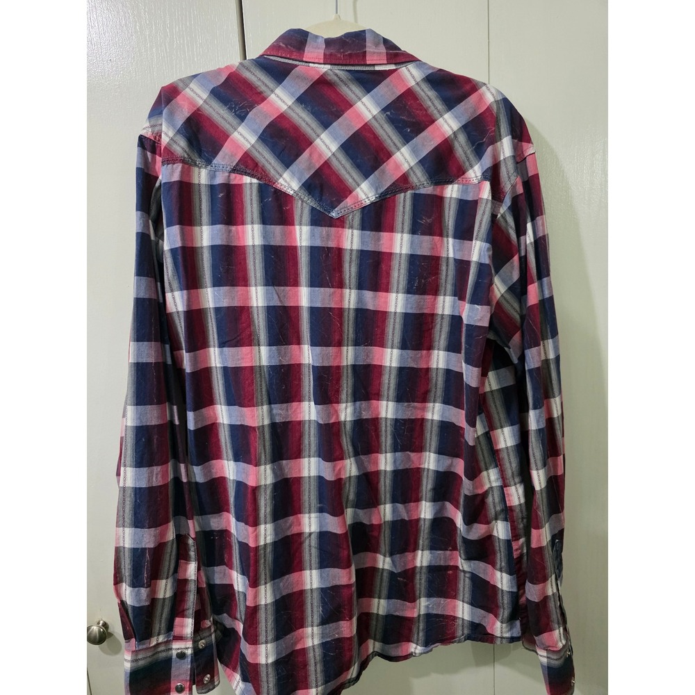 Wrangler Retro Men XL Red Blue Plaid Western Snap Button Down Shirt cowboy rodeo - Picture 3 of 8